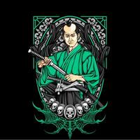 Samurai with skull and sword on black background vector