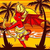 A cartoon red devil with a bow and arrow on a beach vector
