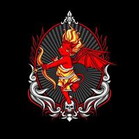 A red and black devil with wings and a bow vector