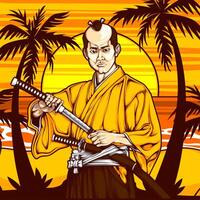 A man in a yellow robe holding two swords vector
