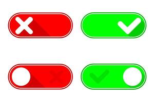 Set of Green On check mark and Red Off X mark toggle switch buttons icon symbol. Flat illustration vector
