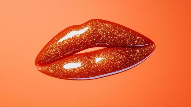 Glossy coral lip gloss blob with tiny golden sparkles on a transparent surface capturing light and depth photo