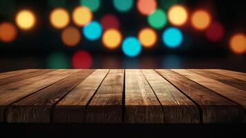Smooth wooden table surface with a gently glowing blurred bokeh background in vibrant colors photo