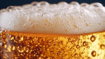 Detailed close up of an Oktoberfest beer stein overflowing with foam showing rich golden hues and bubbles photo