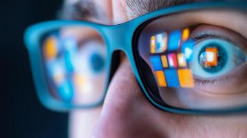 A person wearing glasses with a computer screen on them photo