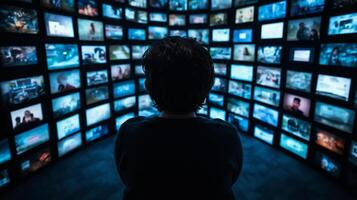 A person looking at a large number of television screens photo