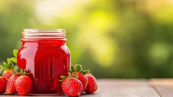 Strawberry jam in a jar on a wooden table photo