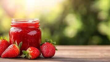 Strawberry jam in a jar on a wooden table photo