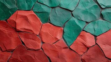 Rough grainy stone wall texture with deep red and emerald green tones reflecting Christmas holiday spirit subtle gradient shadows and cracks add depth and a rustic feel photo