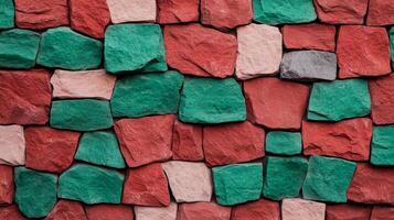Rough grainy stone wall texture with deep red and emerald green tones reflecting Christmas holiday spirit subtle gradient shadows and cracks add depth and a rustic feel photo