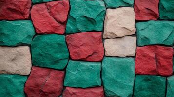 Rough grainy stone wall texture with deep red and emerald green tones reflecting Christmas holiday spirit subtle gradient shadows and cracks add depth and a rustic feel photo