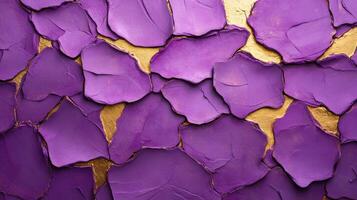 Rough gritty wall texture in bold purple and gold tones for International Womens Day subtle abstract flower shapes embedded in the grain symbolizing strength and empowerment photo