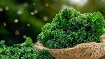 Bunches of green kale with curly leaves on a burlap sack market stall background rustic vibe photo