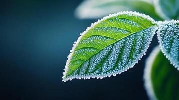 Close up of frost crystals on a leaf shimmering under cold morning light photo