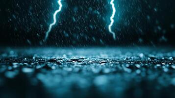 Close up of water drops on a glass pane during a thunderstorm with lightning reflection photo