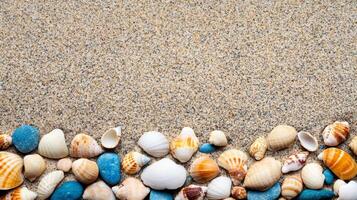 Close up of wet sand with scattered seashell fragments and sparkling quartz grains photo