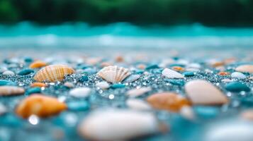 Close up of wet sand with scattered seashell fragments and sparkling quartz grains photo