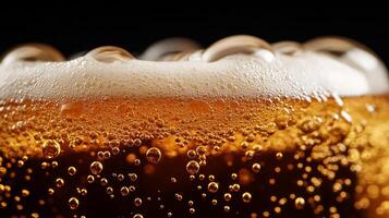 Close up view of a rich amber Oktoberfest beer with intricate foam details bubbles sparkling in warm festive light photo