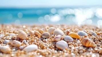 Close up of wet sand with scattered seashell fragments and sparkling quartz grains photo