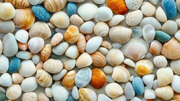 Close up of wet sand with scattered seashell fragments and sparkling quartz grains photo