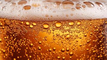 Close up view of a rich amber Oktoberfest beer with intricate foam details bubbles sparkling in warm festive light photo