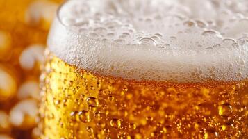 Close up view of a rich amber Oktoberfest beer with intricate foam details bubbles sparkling in warm festive light photo