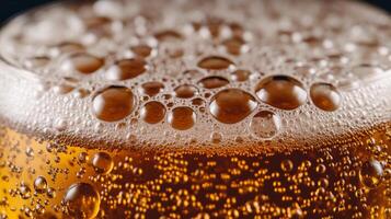 Close up view of a rich amber Oktoberfest beer with intricate foam details bubbles sparkling in warm festive light photo