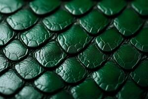 Closeup of snake leather texture in dark green fine scales with subtle shine and intricate pattern photo