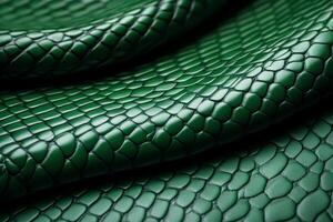 Closeup of snake leather texture in dark green fine scales with subtle shine and intricate pattern photo