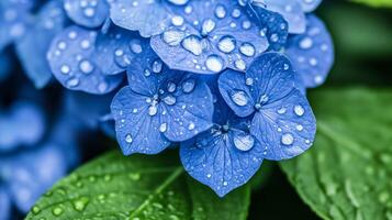 Detailed image of raindrops resting on a blue hydrangea petal with a bokeh background photo