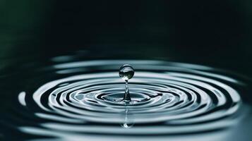 Extreme close up of a single raindrop landing on a reflective surface causing ripples photo