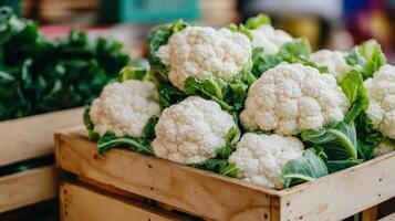 Fresh cauliflower with bright white florets on a vintage market stall background wooden textures photo