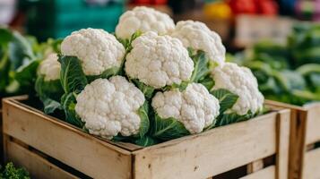 Fresh cauliflower with bright white florets on a vintage market stall background wooden textures photo
