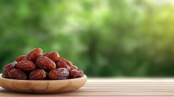Dates in bowl on wooden table with blurred background photo