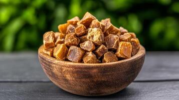 Cinnamon sticks in a wooden bowl on a table photo