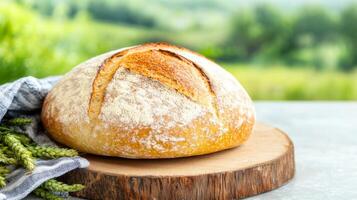 Bread on a wooden board with a green field in the background photo