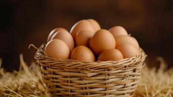 A basket full of brown eggs on a table photo