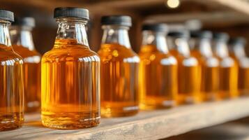 Many bottles of whiskey are lined up on a shelf photo