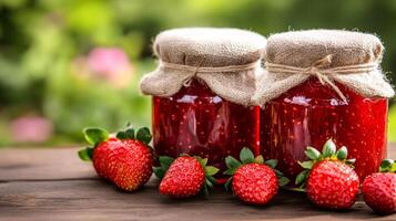 Two jars of strawberry jam with fresh strawberries photo