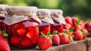 Strawberry jam in jars on a wooden table photo