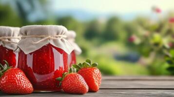 Strawberry jam in jars on wooden table with blurred background photo