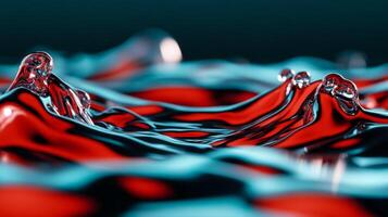 Macro image of vibrant liquid waves in red and turquoise forming abstract shapes photo
