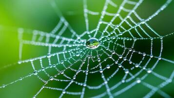 Magnified shot of morning dew on a spider web each droplet acting as a tiny lens photo