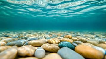 Macro shot of submerged pebbles seen through clear rippling water in a shallow stream photo