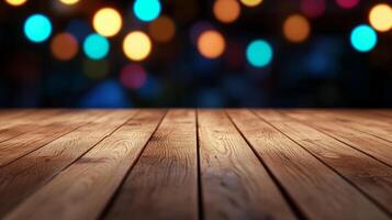 Smooth wooden table surface with a gently glowing blurred bokeh background in vibrant colors photo