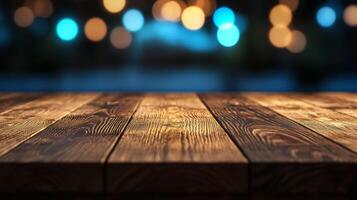 Smooth wooden table surface with a gently glowing blurred bokeh background in vibrant colors photo