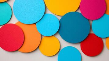 Abstract background with circular paper cut outs in vivid colors on a pale textured surface photo