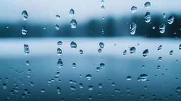 Cold rain droplets on a glass window against a frosty winter landscape background photo