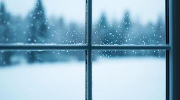 Cold rain droplets on a glass window against a frosty winter landscape background photo