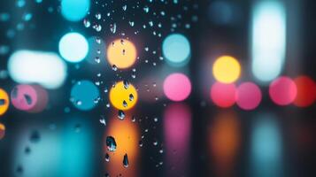 Fine water droplets on a window with colorful bokeh lights in the background photo